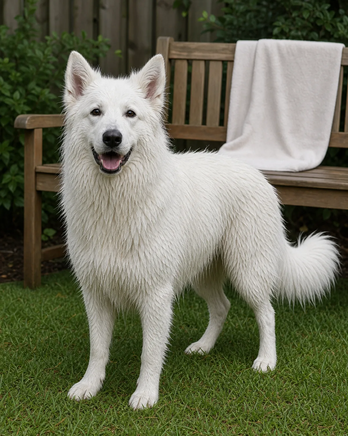 a large dog with a thick stand-off pure-white double coat and erect ears standing on green grass on an overcast day, entire coat visibly damp and slightly flattened, a clean dry towel draped over a wooden bench behind the dog