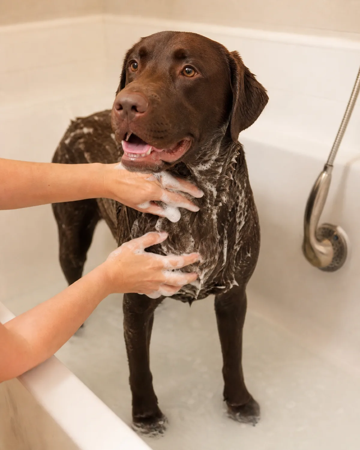 a large solid chocolate-brown short-coated dog with floppy ears standing calmly in a white bathtub with two inches of water, owner hands working lather deep into the fur at the neck and chest with fingers parted showing suds touching the skin