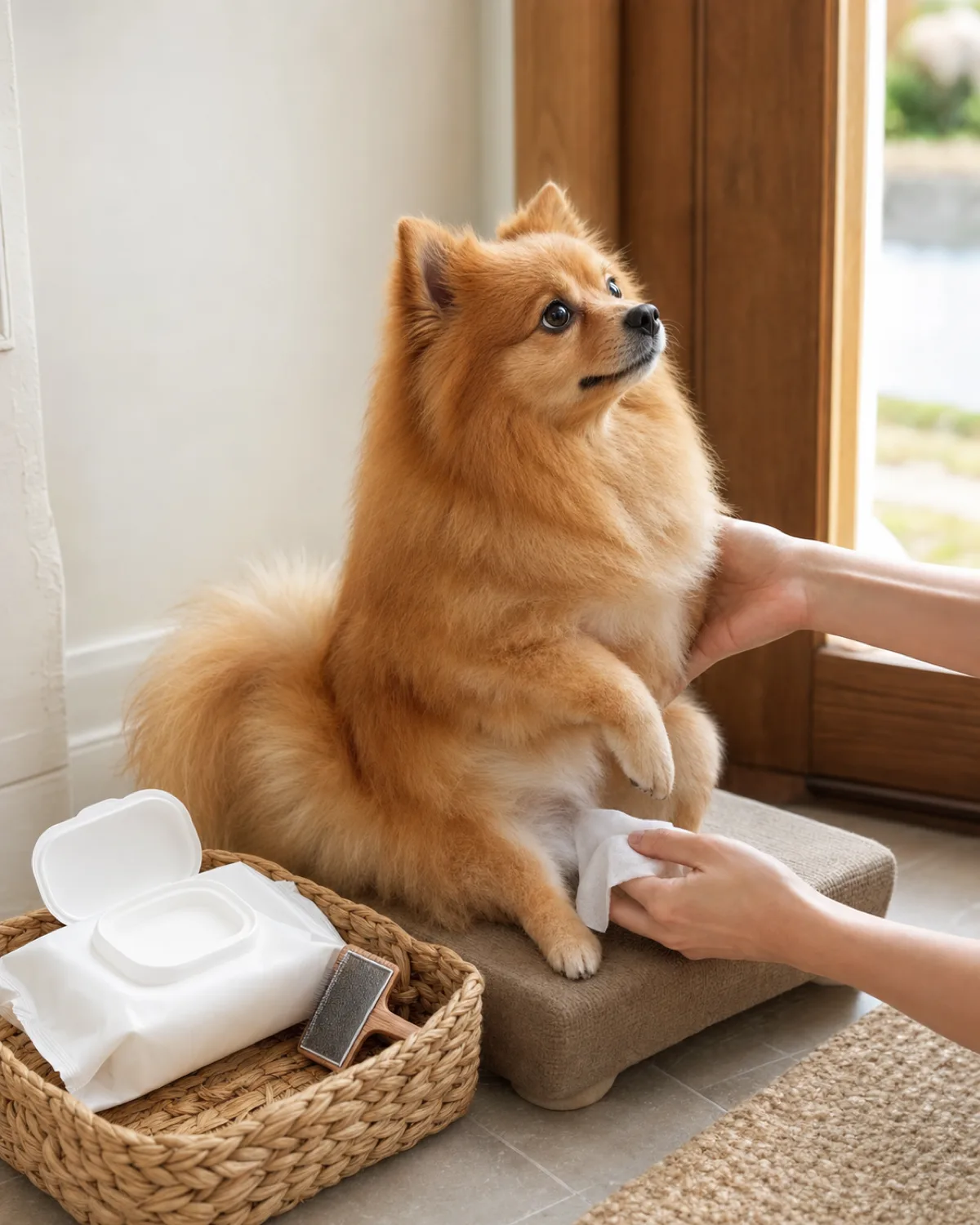 a tiny dog with a profuse fluffy orange double coat and small erect ears sitting on a low mat in an entryway near the front door, owner hands gently wiping the belly and paw area with a white pet grooming wipe, a small basket of wipes and a pin brush nearby
