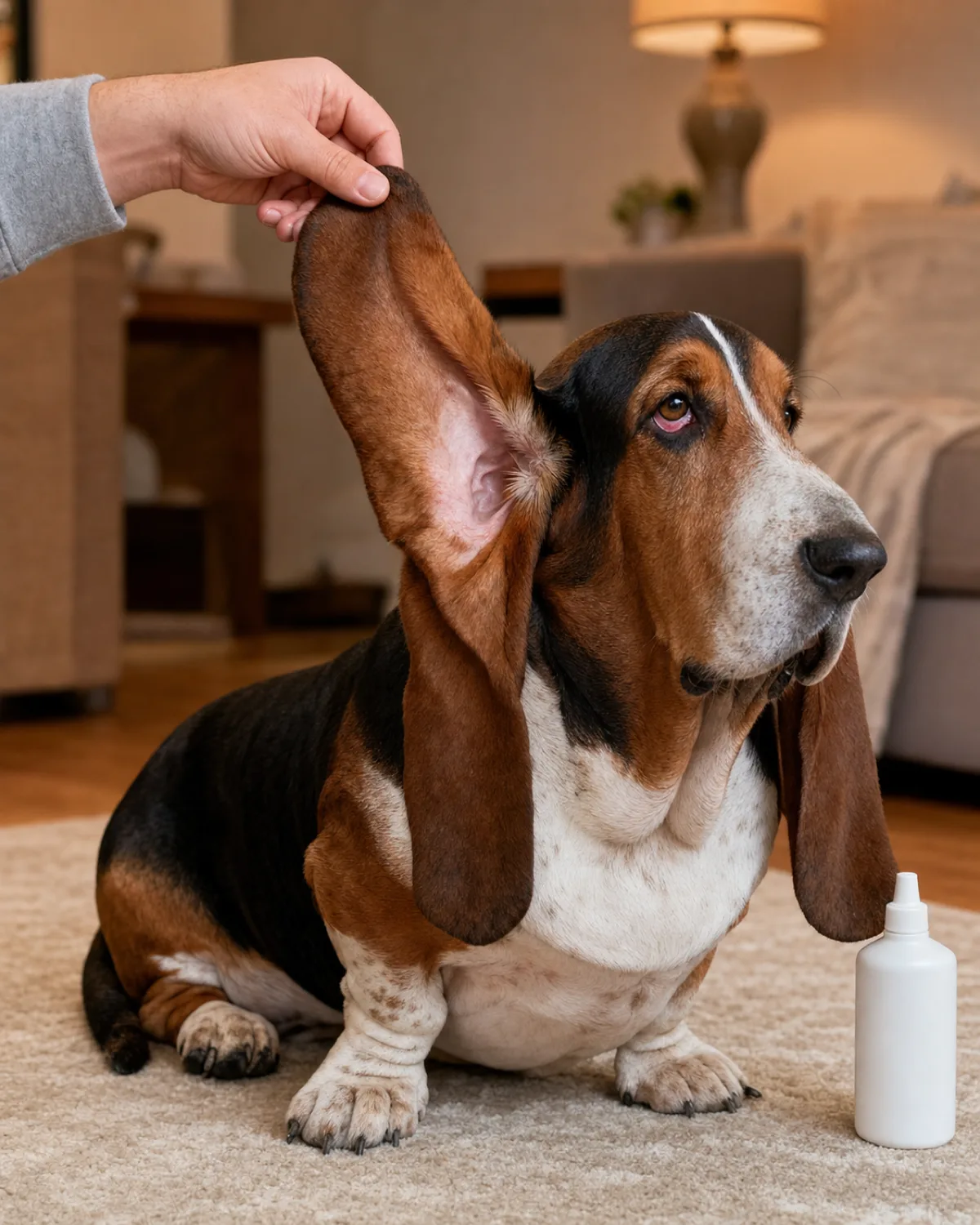 a medium dog with very short legs, a long heavy body, extremely long dragging floppy ears and a tricolor short coat sitting on a rug, owner hand gently lifting the extremely long ear flap for visual inspection, ear cleaning solution bottle nearby on the floor
