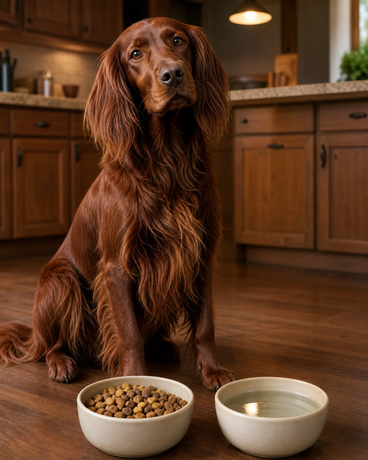 a large lean dog with a solid deep mahogany-red long silky feathered coat and long floppy ears sitting on a kitchen floor beside a food bowl containing clearly visible high-quality kibble with varied shapes, a small bowl of clean water beside it, warm pendant light overhead