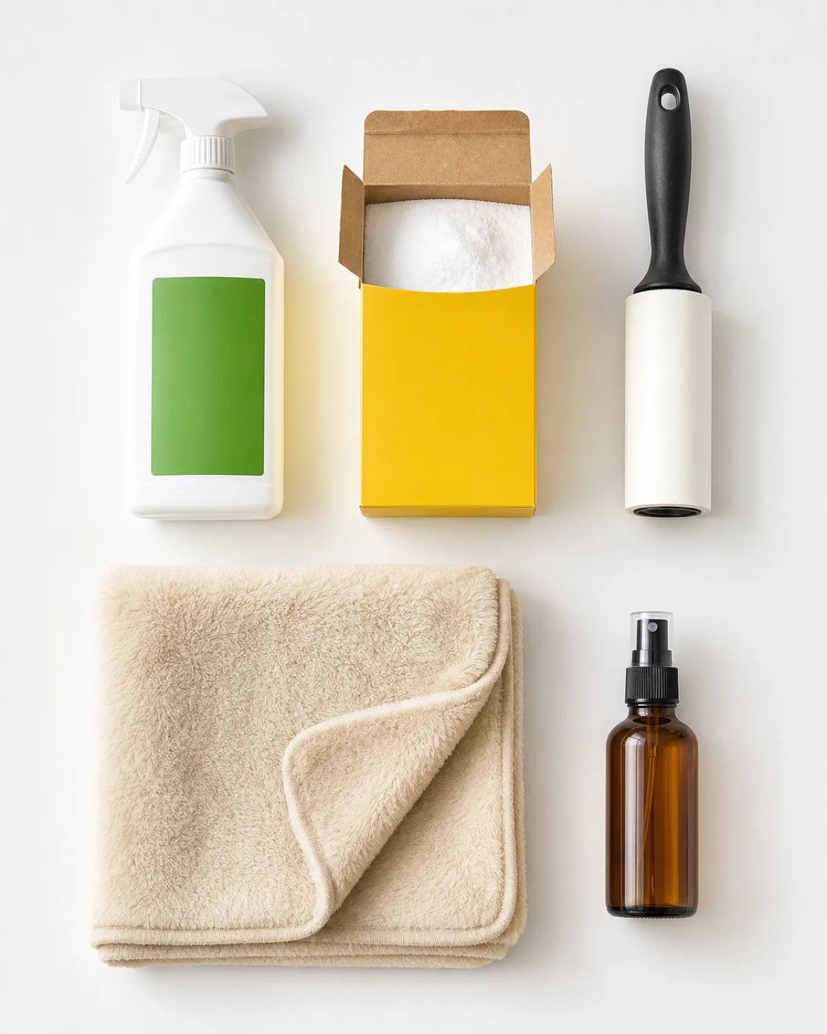 a laundry room counter top-down flat lay on a clean white surface, a bottle of enzyme cleaner with a simple green label, an open box of baking soda, a lint roller, a neatly folded clean cream dog blanket, and a small amber glass spray bottle, bright even overhead light