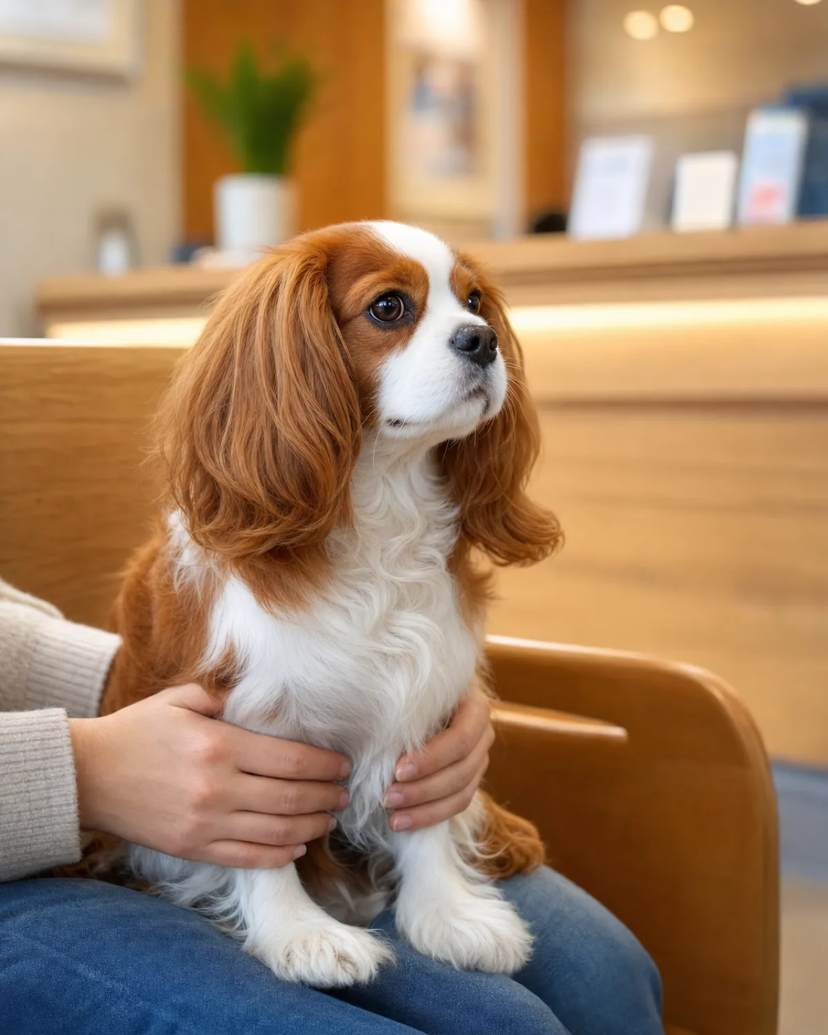 a small dog with a chestnut-and-white silky medium coat and long feathered floppy ears sitting calmly on the owner lap on a wooden bench in a bright veterinary waiting room, warm lighting, no medical equipment visible