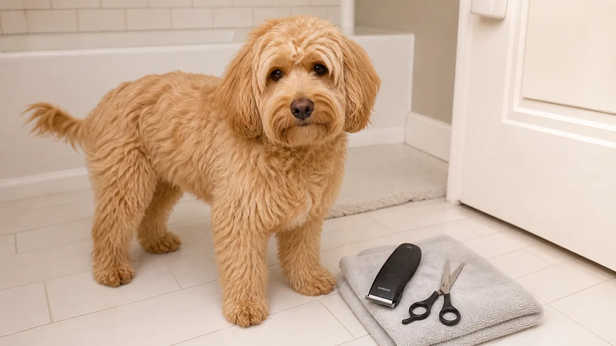 a medium dog with a shaggy wavy apricot-gold coat standing on bathroom tile beside grooming tools, coat fluffy and ready for a trim