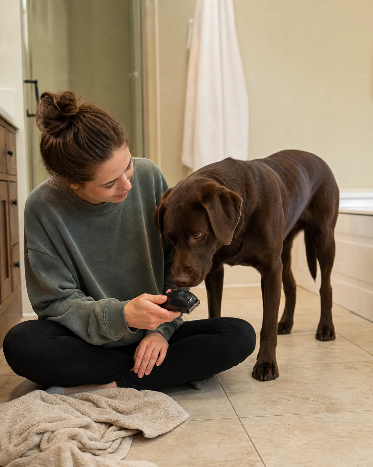 a large dog with a solid chocolate-brown short coat sniffing a turned-off clipper held by a calm seated person on a bathroom floor