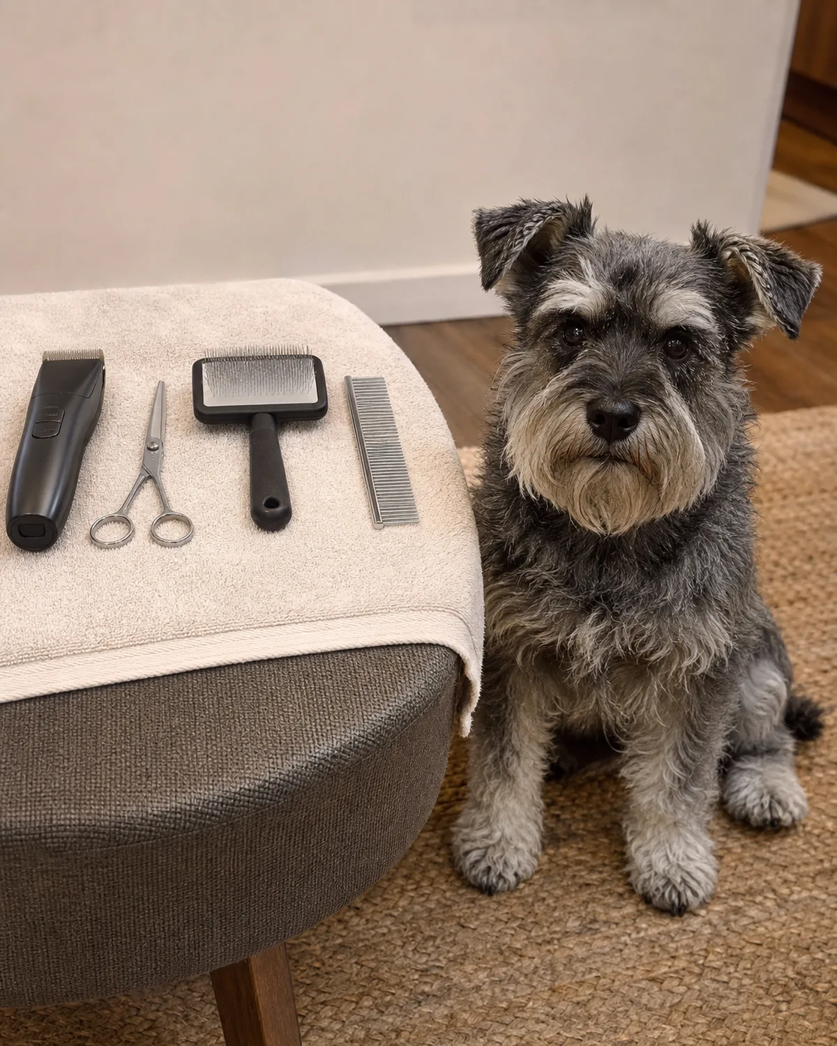 a small wiry salt-and-pepper grey dog with bushy eyebrows sitting beside neatly arranged grooming tools on a towel