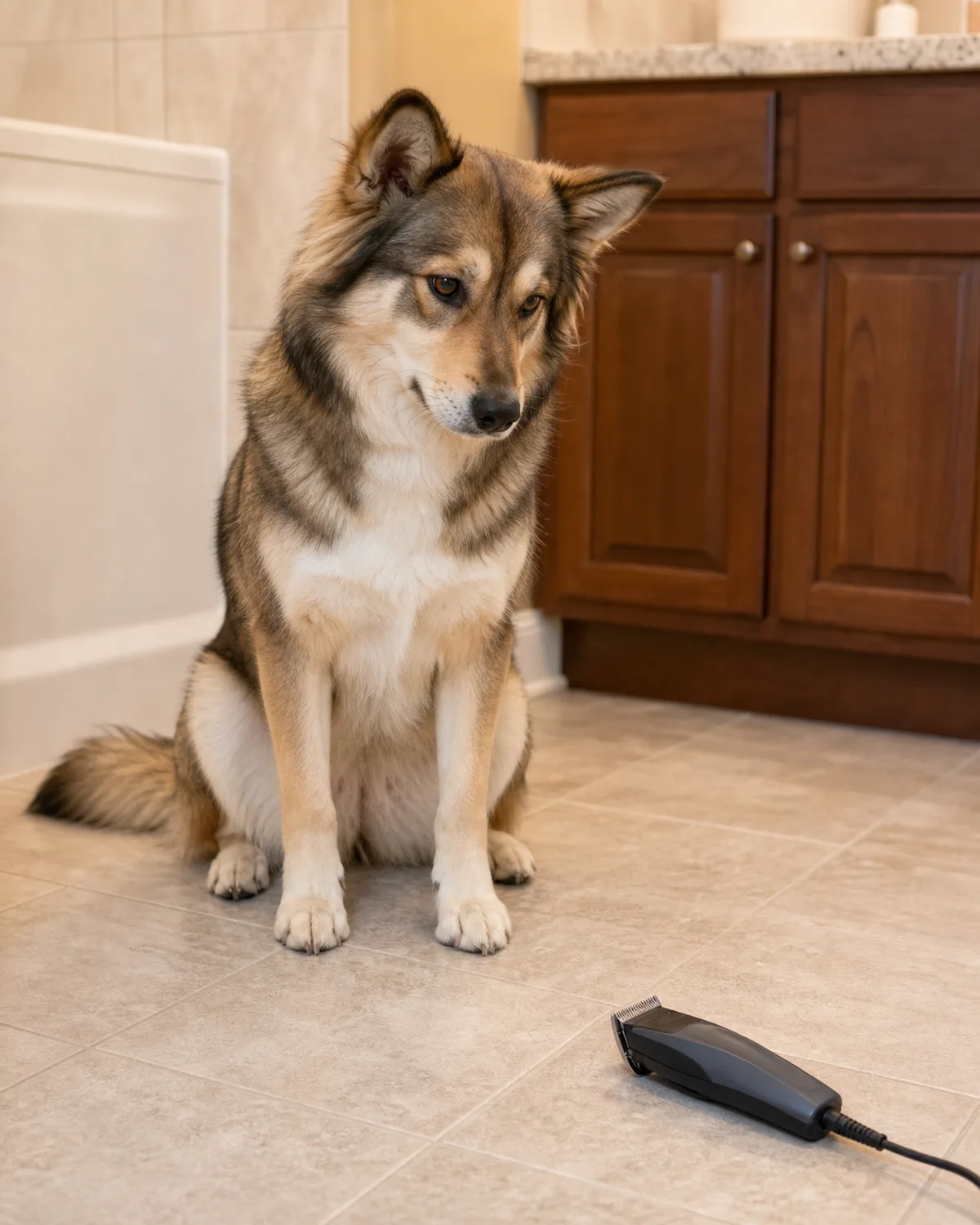 a medium dog with a thick sable-and-white double coat sitting calmly next to a buzzing clipper on the floor, ears tilted toward the sound
