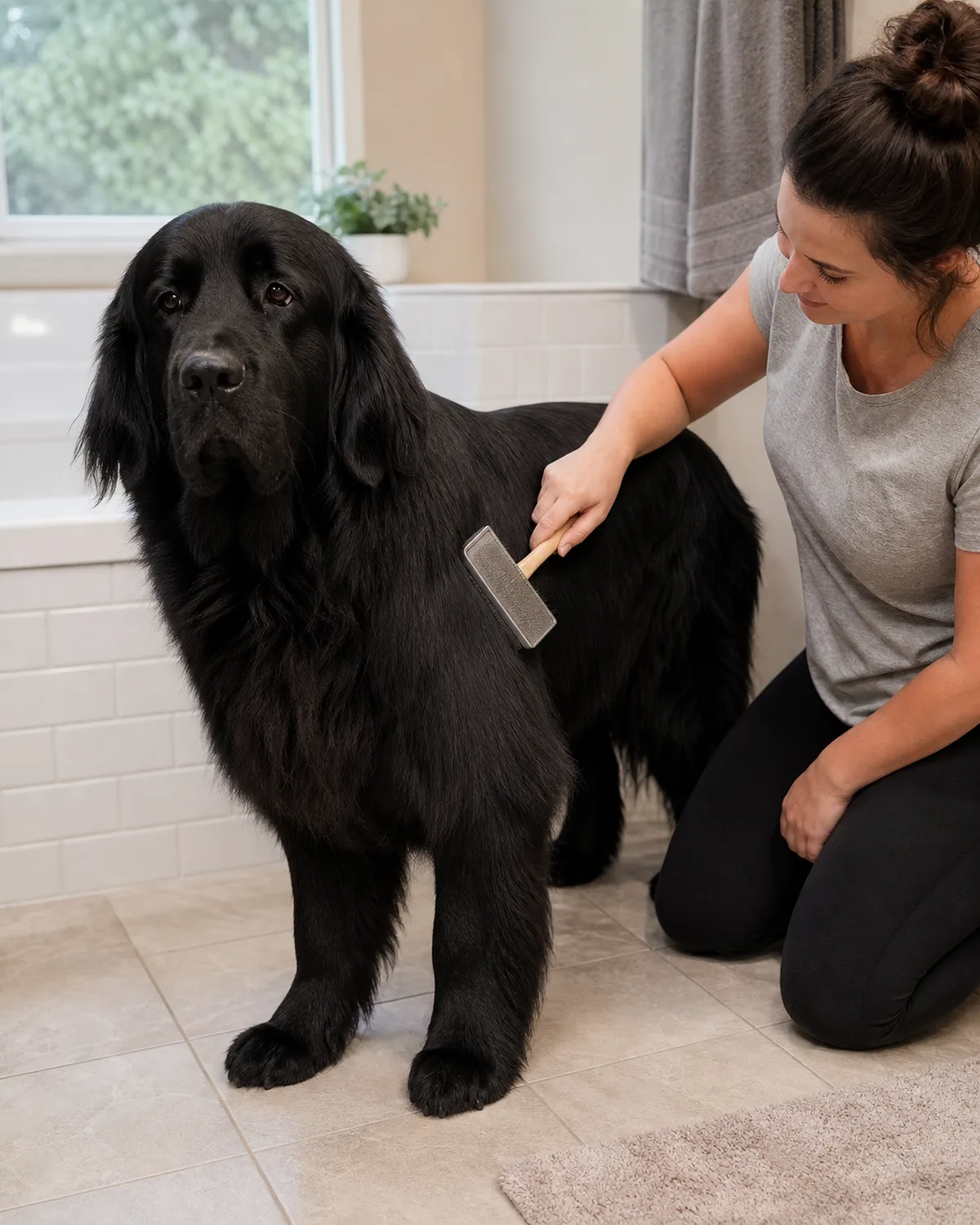 a large solid-black long-coated dog standing calmly while a person brushes its shoulder with a slicker, fur smooth and tangle-free