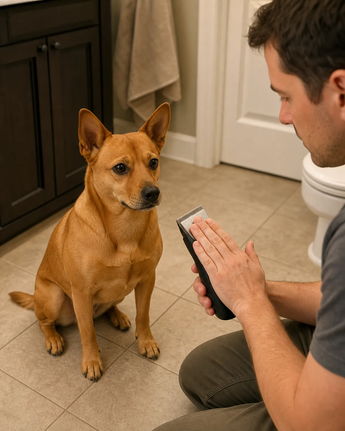 a small red-fawn smooth-coated dog sitting on a bathroom floor while a person presses the back of their hand against a clipper blade to test temperature