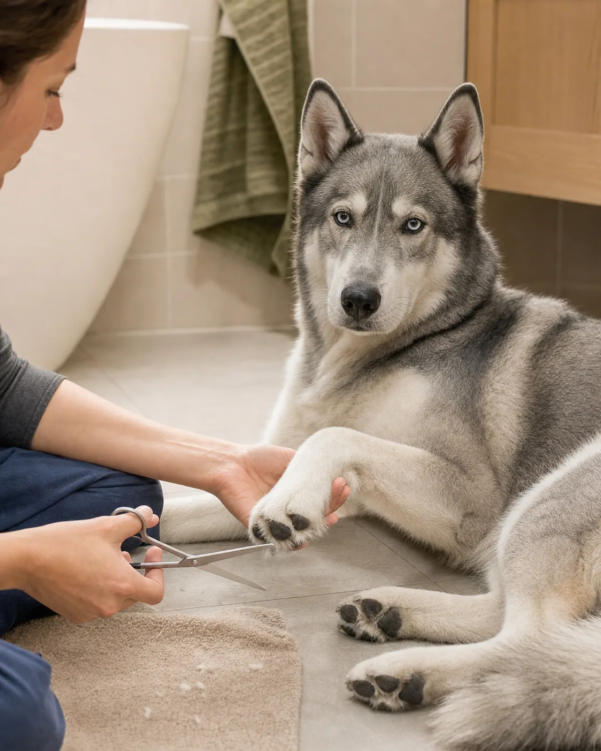a large grey-and-white double-coated dog lying on its side while a person gently lifts a front paw and trims fur between the pads with safety shears