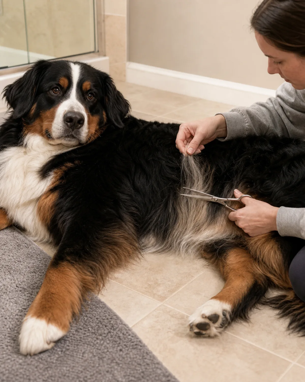 a large tricolor long-coated dog lying relaxed on its side while a person trims the belly fur with blunt-tip safety shears