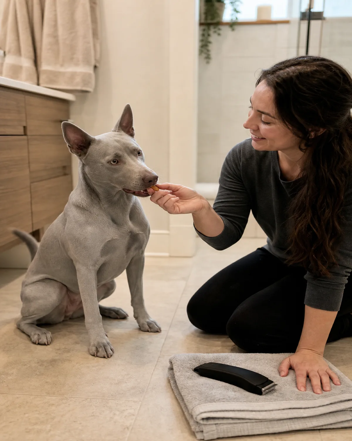 a medium pale silver-blue short-coated dog sitting on a bathroom floor beside a kneeling person handing it a treat, both relaxed