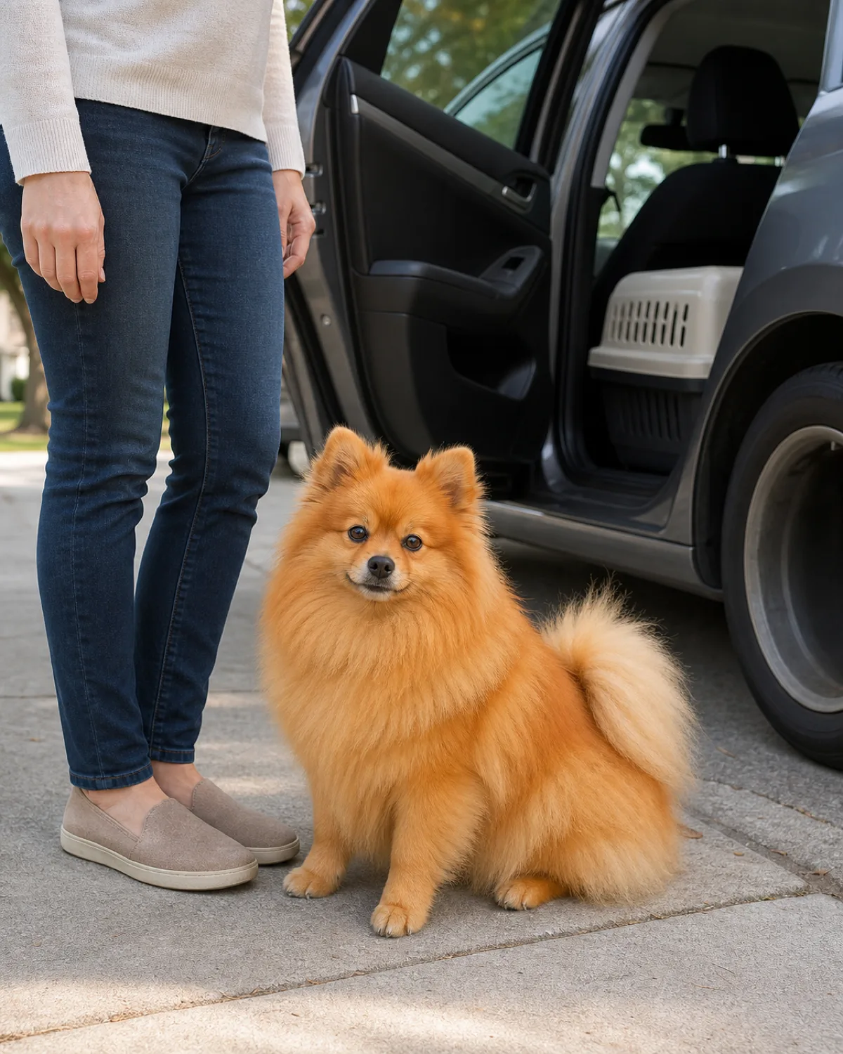 a small fluffy orange double-coated dog sitting calmly on a sidewalk beside a person near a car with a pet carrier visible