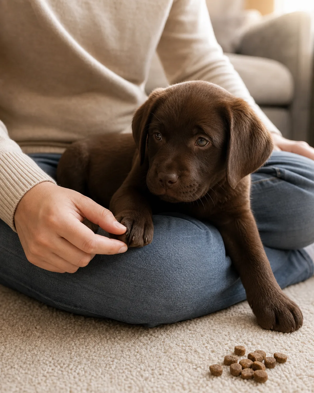 a solid chocolate-brown short-coated puppy lying belly-down across the owner's lap on a living room carpet, owner's hand gently touching the puppy's front paw with fingertips, a small pile of training treats on the carpet beside them
