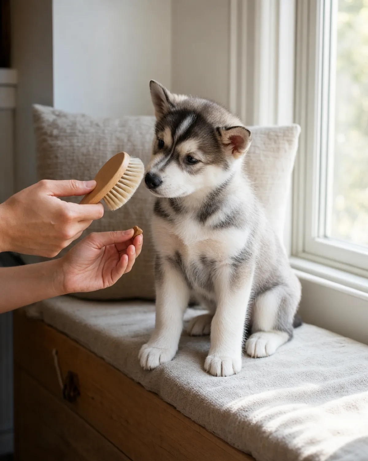 a medium athletic double-coated grey-and-white puppy with a symmetric darker facial mask and erect triangular ears sitting on a cushion by a window, sniffing a soft brush the owner holds at nose level while the owner offers a small treat with the other hand
