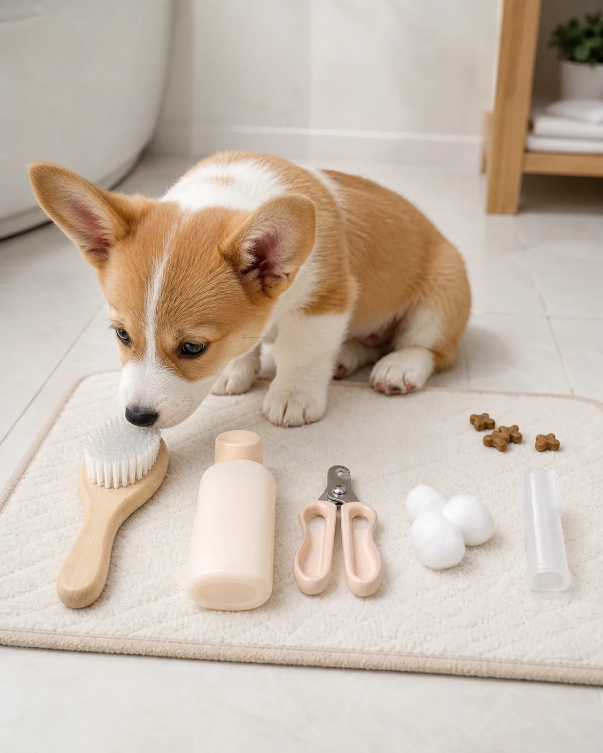 a small red-and-white short-legged puppy with oversized erect ears and a foxy face sitting on a bathroom floor mat beside five beginner grooming tools arranged in a neat row, sniffing the soft-bristle brush