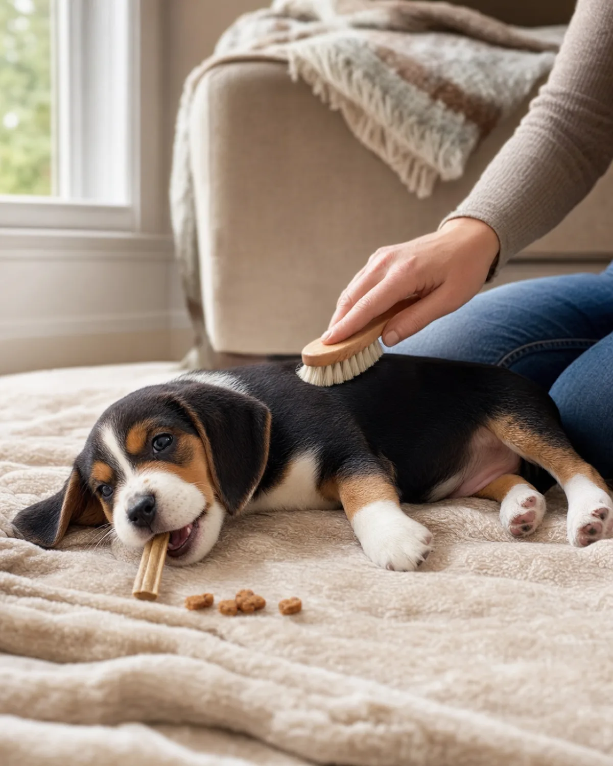 a small sturdy tricolor black white and tan hound puppy with long low-set floppy ears lying on a living room blanket, owner using a soft-bristle brush with gentle strokes along the puppy's back while the puppy chews on a dental stick