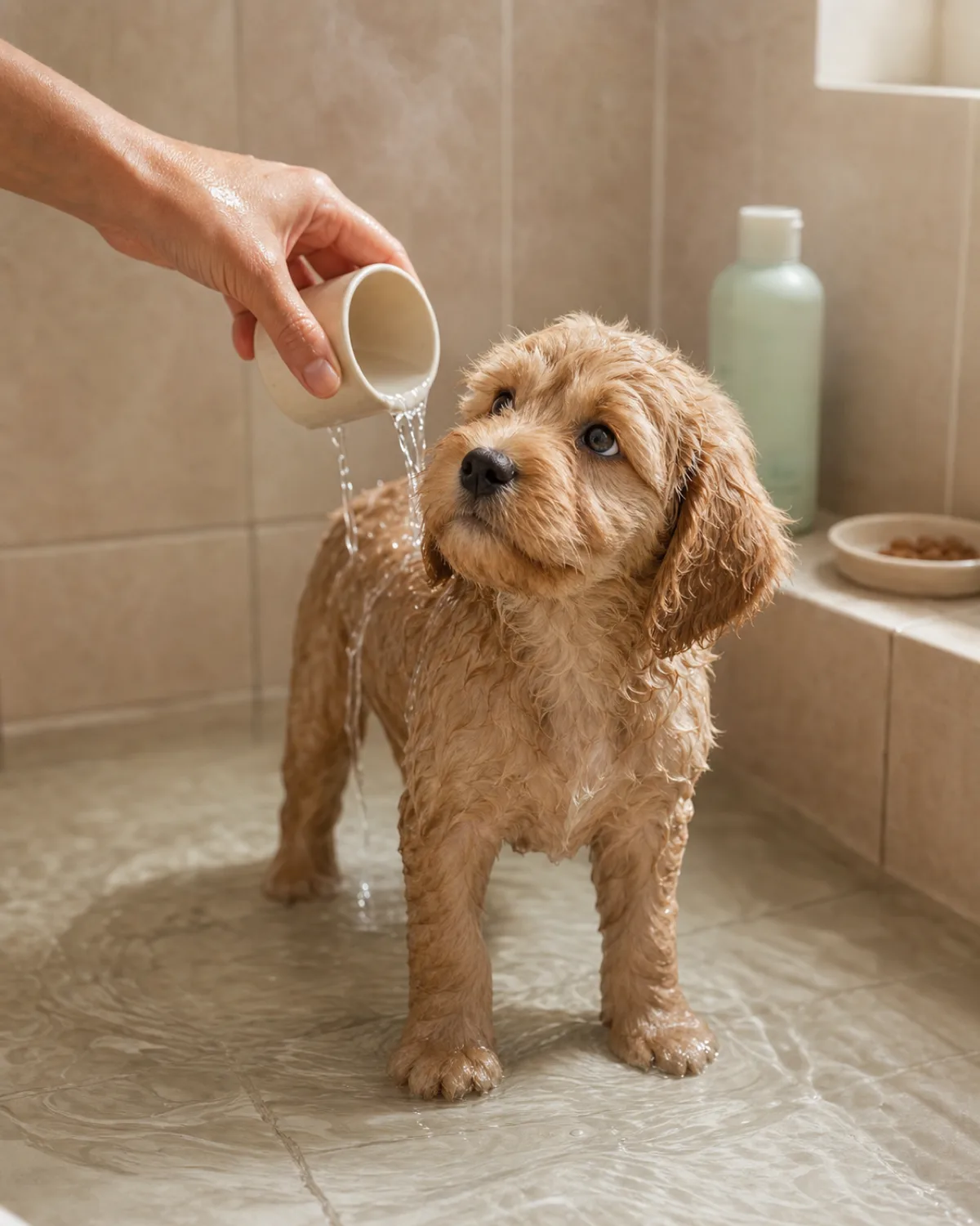 a medium apricot wavy-to-curly coated puppy with floppy ears and a rounded teddy-bear face standing in a shallow basin with water at ankle depth in a warm bathroom, owner using a small cup to pour warm water gently over the puppy's shoulders while the puppy looks up curiously