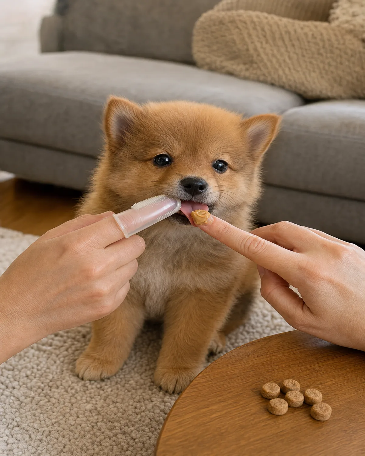 a tiny fluffy orange double-coated puppy with a foxy face and small erect ears sitting up with its mouth slightly open, owner wearing a finger toothbrush touching the outer surface of the front teeth while the puppy licks peanut butter from the owner's other finger