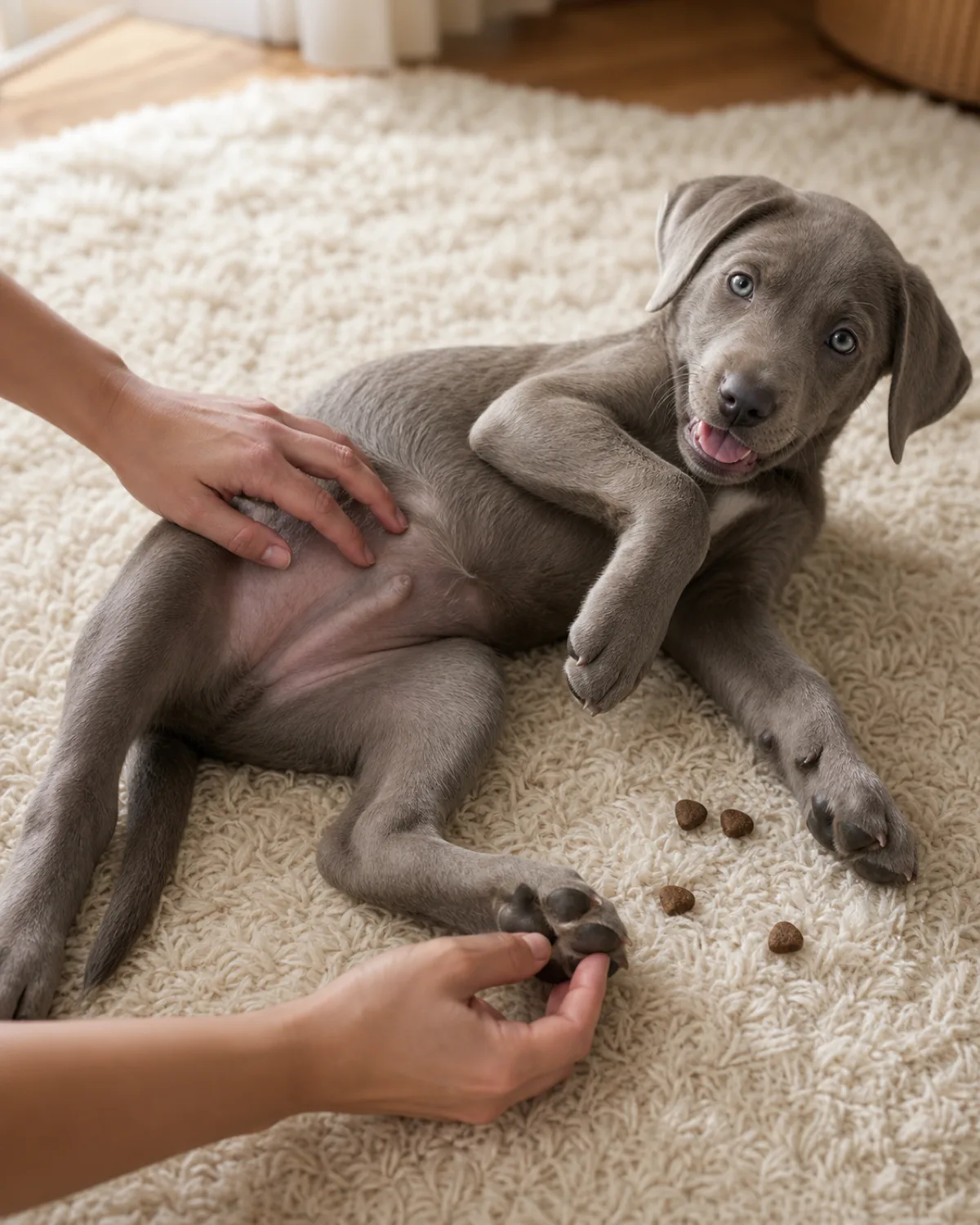 a large sleek silver-grey short-coated puppy with floppy ears and pale eyes lying on its side in a relaxed half-belly-up position on a bedroom carpet, owner's hand using fingertips to gently touch the puppy's belly and hind paw pads, the puppy's mouth slightly open in a relaxed smile with treats scattered nearby