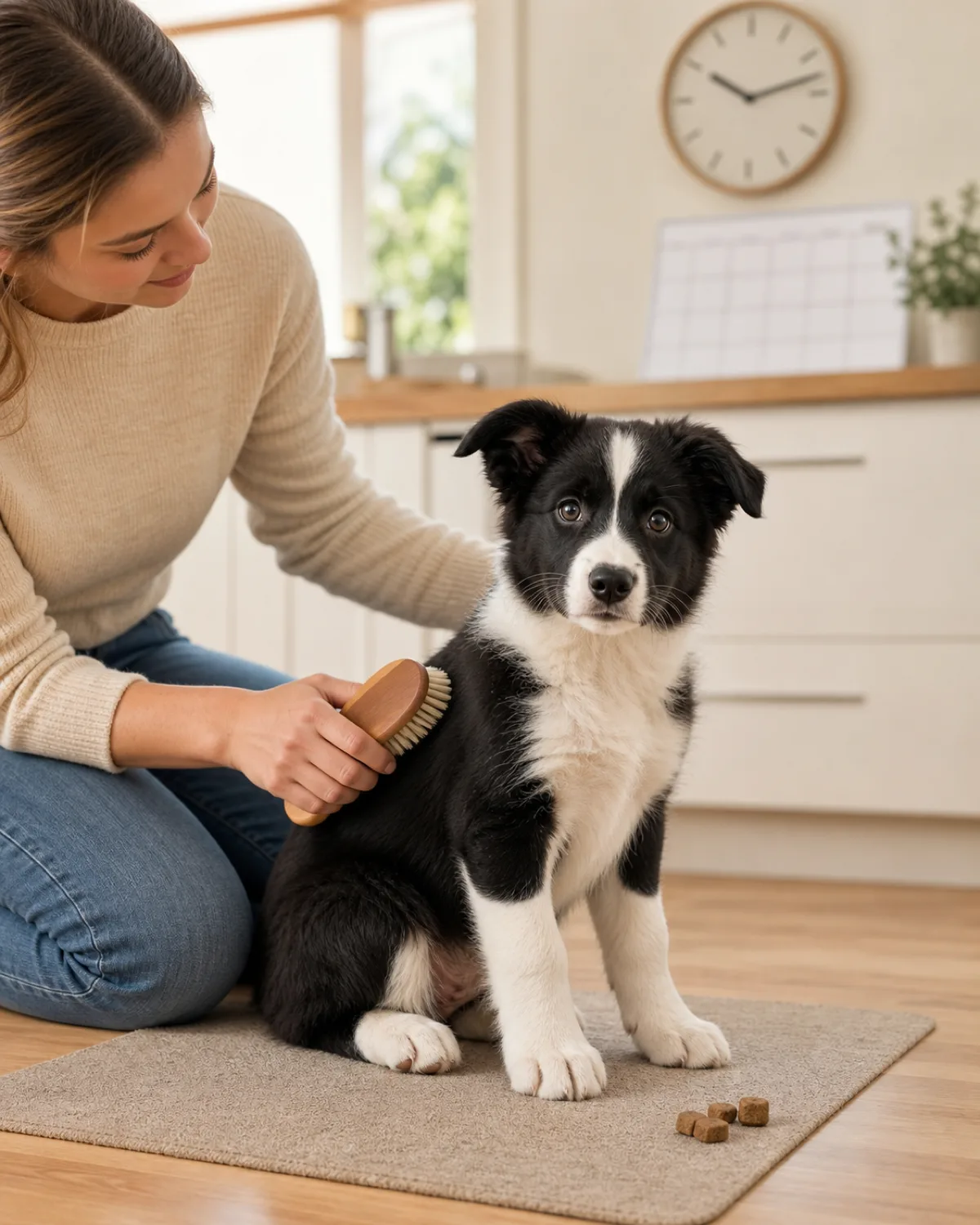 a medium athletic black-and-white puppy with a white blaze on its forehead, white collar and chest, medium fur and semi-erect ears sitting on a small designated mat in a kitchen, owner kneeling beside and brushing the puppy's side with a soft brush