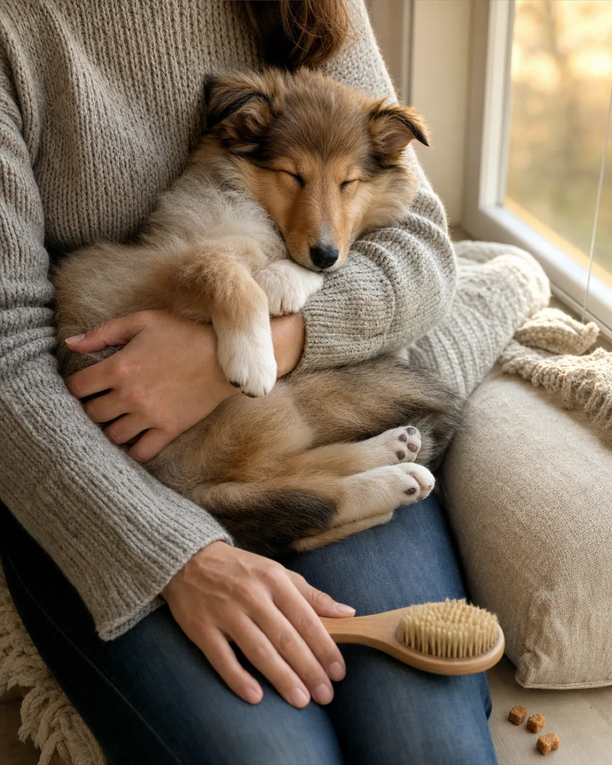a small collie-like sable-and-white puppy with an abundant long coat, a mane beginning to form, and semi-erect ears curled up in the owner's arms on a window seat cushion, owner cradling the puppy with one hand while a brush rests on the knee, the puppy dozing with closed eyes in golden hour light