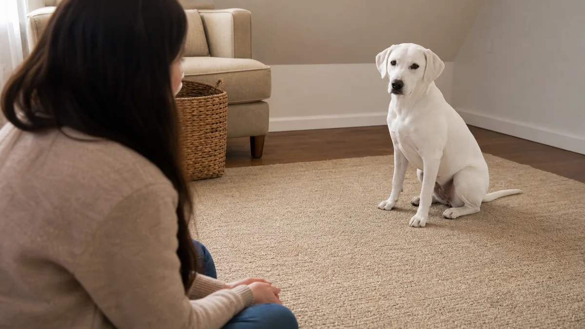 a medium dog with a solid pure-white short coat sitting a few feet from a seated person in a living room corner, ears relaxed but keeping a small distance