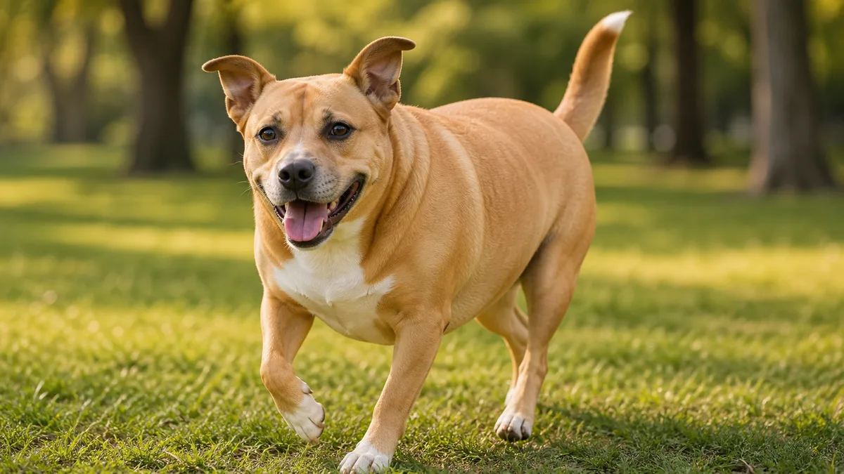 a medium sturdy dog with a smooth fawn-and-white coat and semi-erect ears trotting happily on park grass with tail up
