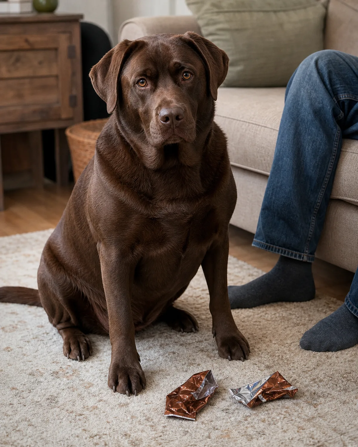 a large solid liver-brown short-coated dog with floppy ears sitting contentedly on a living room rug with a few small treat wrappers nearby
