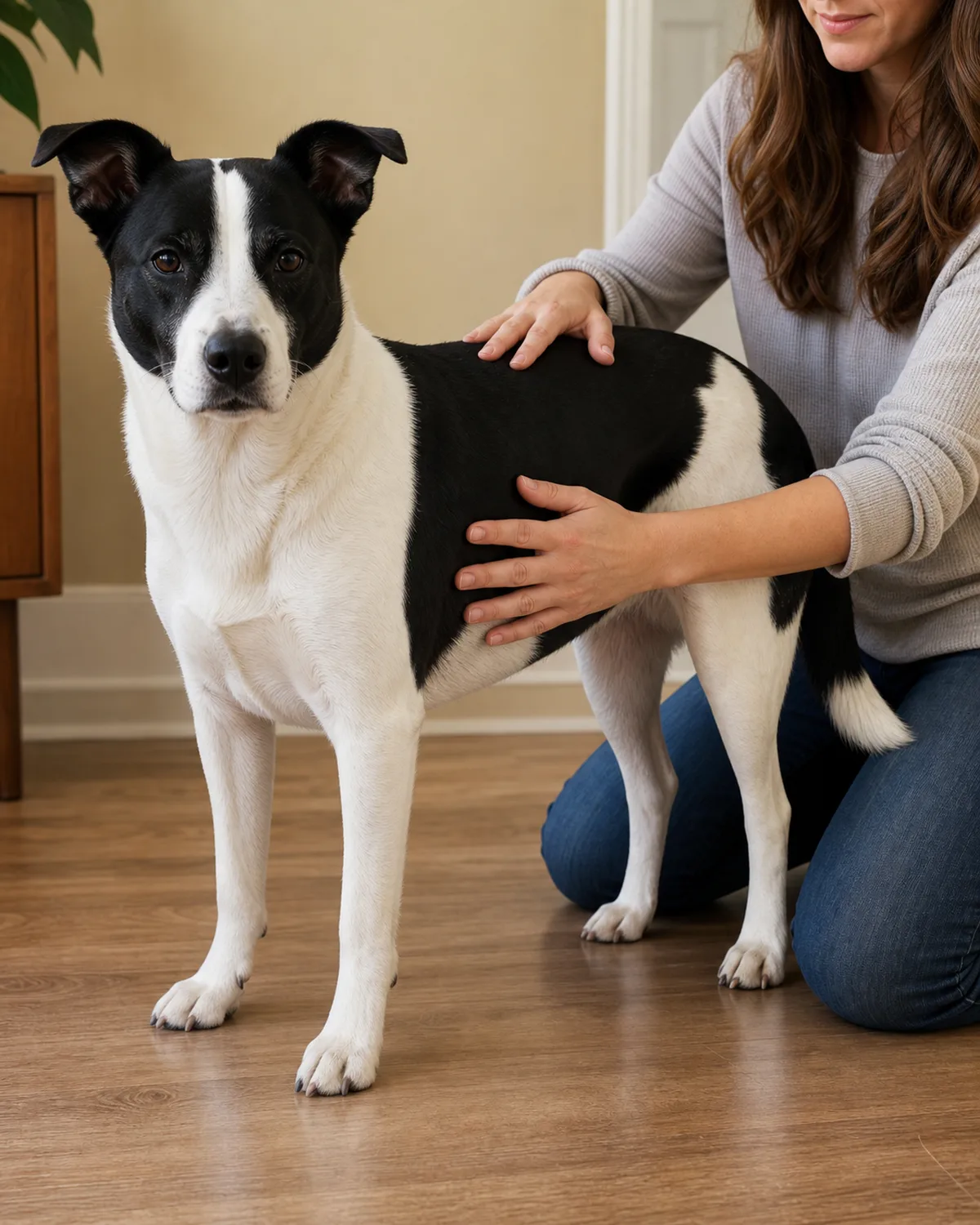 a medium black-and-white patched smooth-coated dog with semi-erect ears standing while a person places a hand on its ribcage for a body condition check
