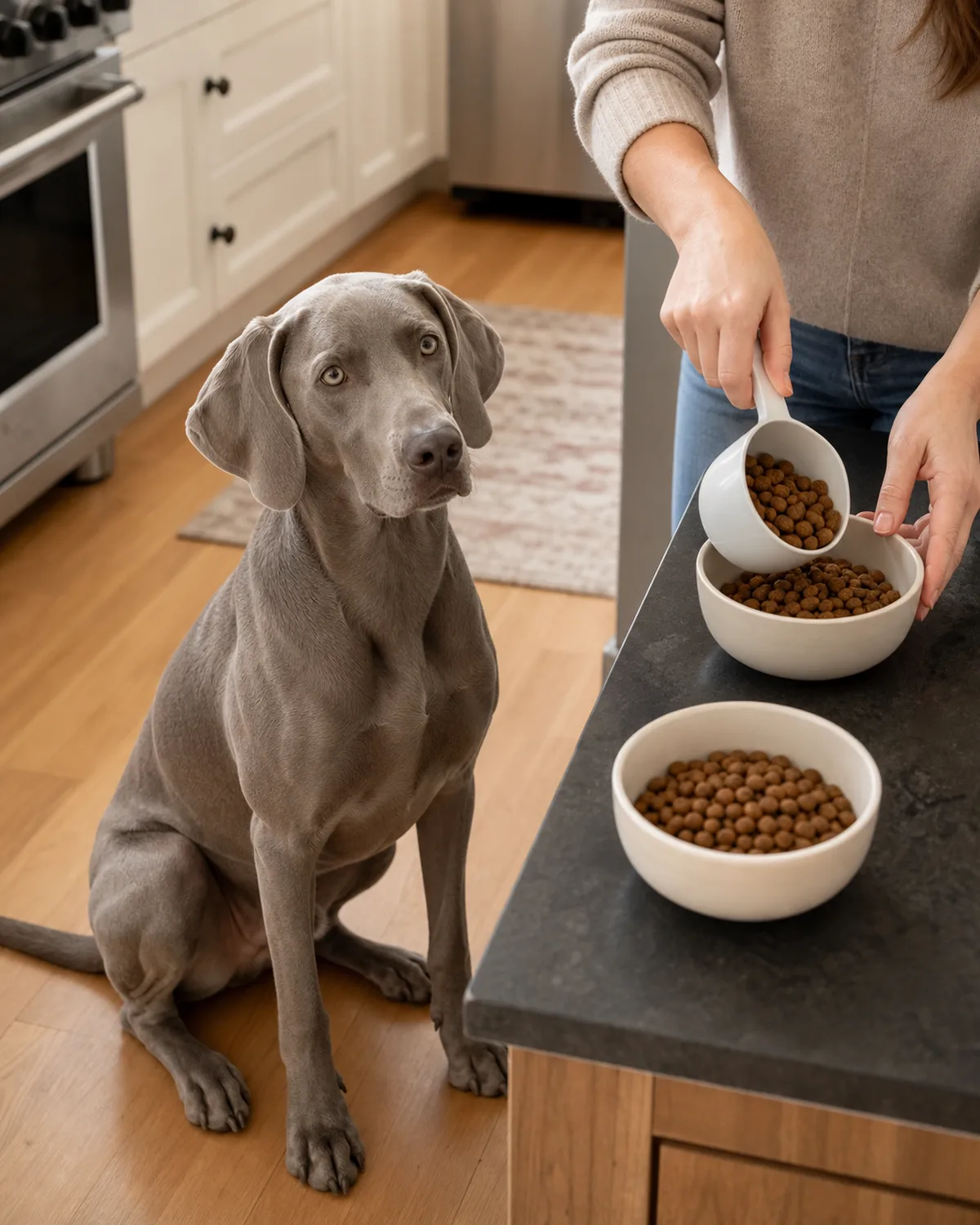 a large lean silver-grey short-coated dog with floppy ears sitting patiently on a kitchen floor while a person portions kibble into bowls with a measuring cup