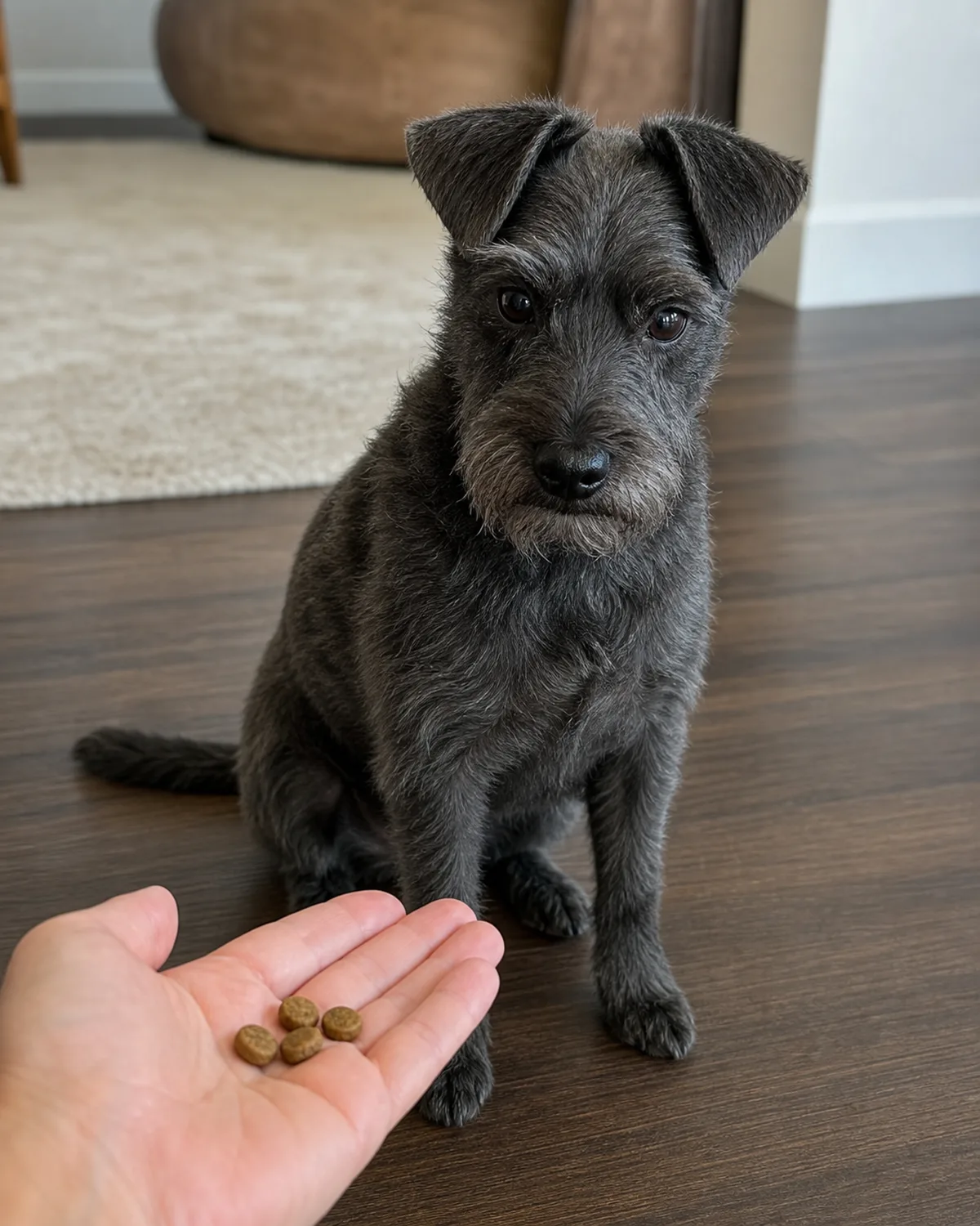 a small dark-steel-grey wiry-coated dog with folded ears sitting attentively while a person holds a few kibble pieces in an open palm