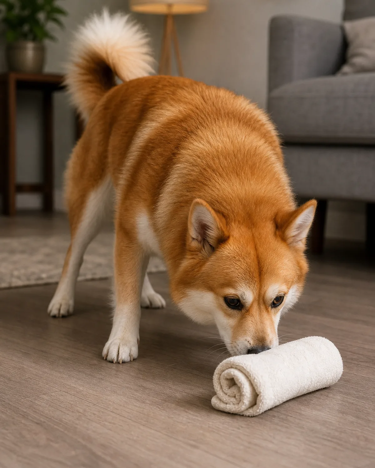 a medium red-and-white double-coated dog with erect triangular ears sniffing intently at a rolled-up towel on the living room floor with tail wagging