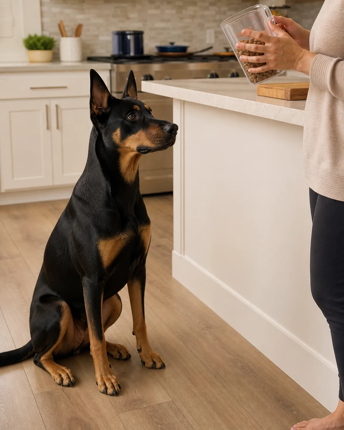 a large black-and-tan short-coated dog with upright pointed ears sitting patiently on a kitchen floor while a person examines a measuring cup of kibble