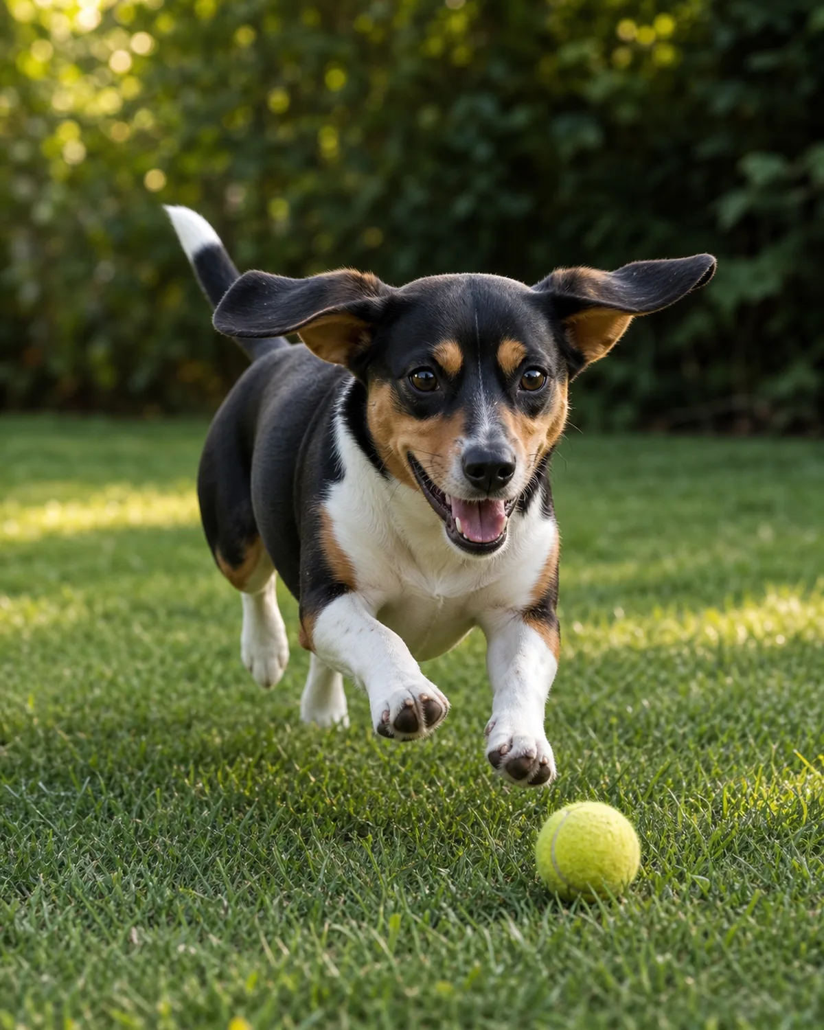 a small tricolor smooth-coated dog with long low-set floppy ears running happily across green backyard grass chasing a ball, looking fit and energetic