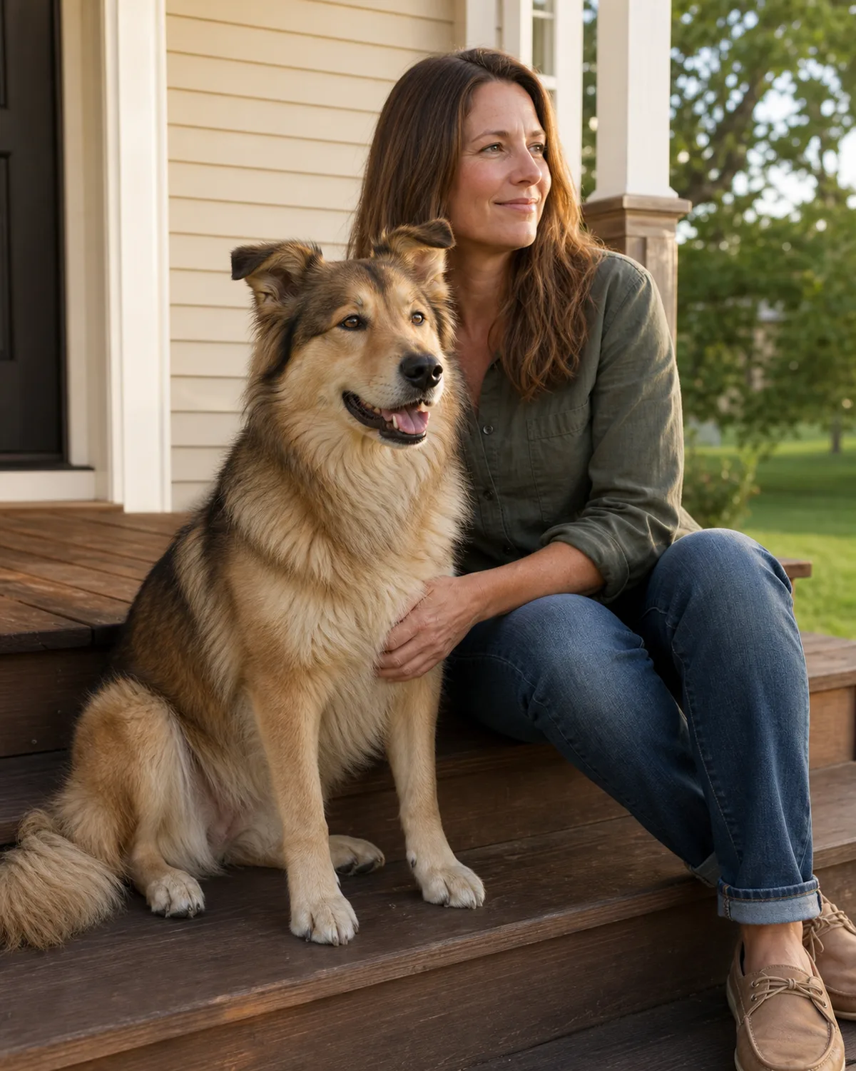 a medium sable-and-cream thick-coated dog with semi-erect ears sitting contentedly with its owner on wooden porch steps, the person gently resting a hand on the dog