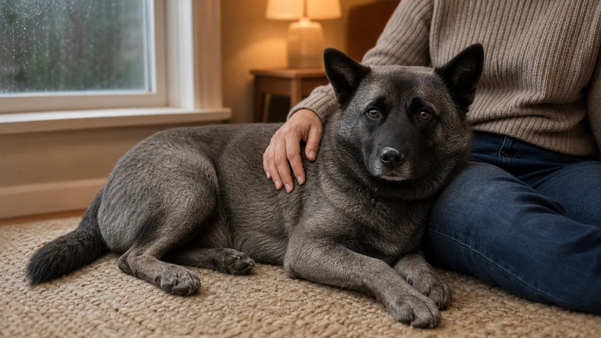 a medium dog with a charcoal-grey coat and a black facial mask lying calmly against a person's leg on an indoor rug near a window with soft blurred rain on the glass