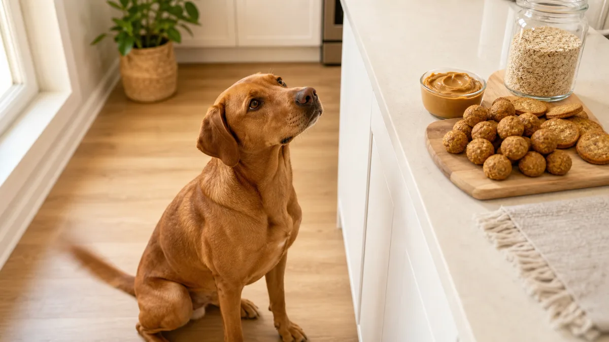 a sleek rusty golden-brown short-coated dog sitting on a kitchen floor beside a white countertop covered with freshly made homemade dog treats, a small bowl of peanut butter, and a jar of rolled oats, looking up eagerly with tail blurred from wagging