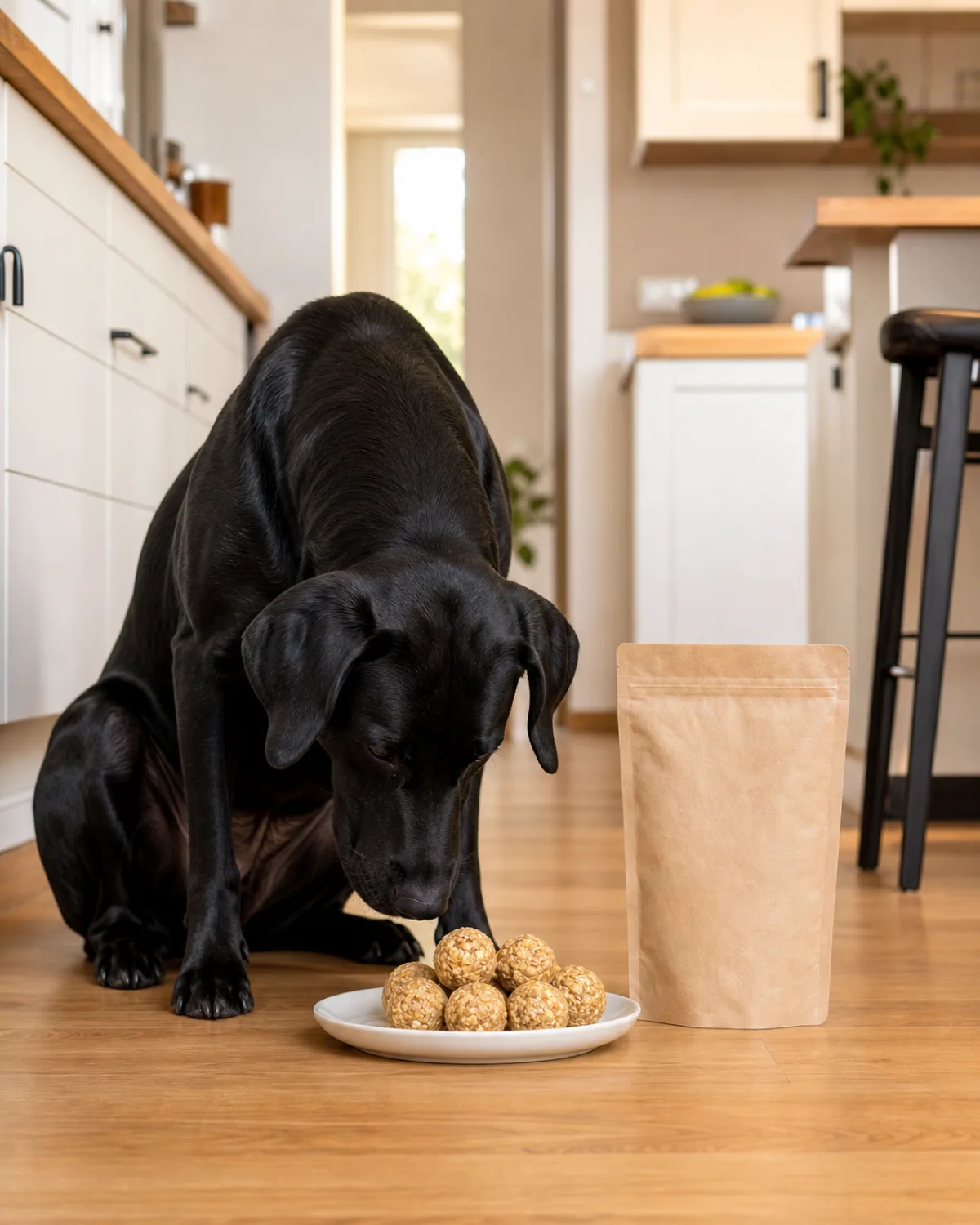 a large athletic solid-black short-coated dog with floppy ears and a glossy coat sitting on a kitchen floor, nose lowered toward a small plate of round homemade treat balls beside a plain commercial treat package turned to show its ingredient list