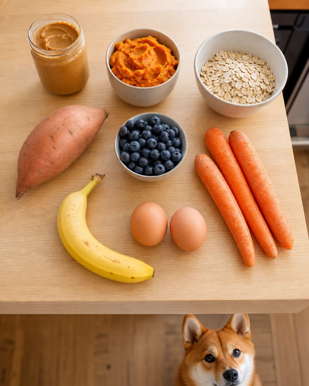 a small compact orange-red double-coated dog with white underside, erect ears and a fox-like face peeking over the edge of a kitchen counter where safe dog treat ingredients are laid out in a neat grid including peanut butter, pumpkin, oats, sweet potato, blueberries, banana, eggs, and carrots