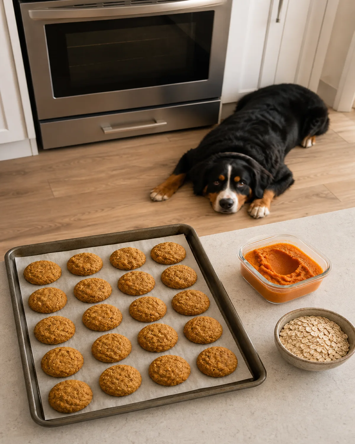 a large sturdy tricolor dog with a black body, rust eyebrows and legs, and a white chest blaze lying on a kitchen floor with chin on paws, eyes tracking a baking sheet of golden-brown pumpkin cookies beside an open can of pumpkin puree and a bowl of oats