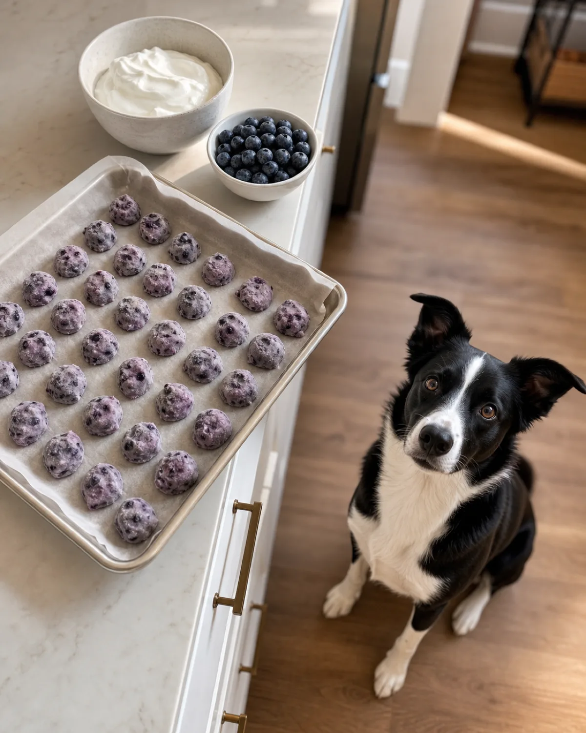 a medium athletic black-and-white dog with a white blaze collar and chest, medium fur and semi-erect ears sitting on a kitchen floor with an intense gaze fixed on a parchment-lined tray of small purple-blue frozen yogurt dots beside a bowl of Greek yogurt and a dish of blueberries