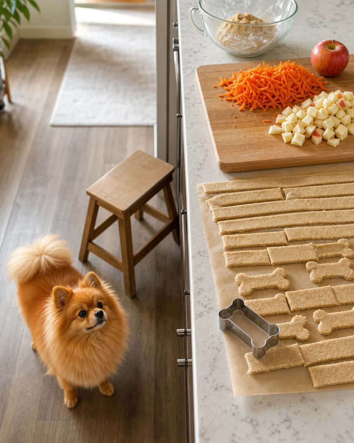 a tiny fluffy orange double-coated dog with a foxy face, small erect ears and a plumed tail standing on a kitchen floor beside a step stool, looking up at a counter where grated carrot, diced apple and strips of dough sit beside a small cookie cutter