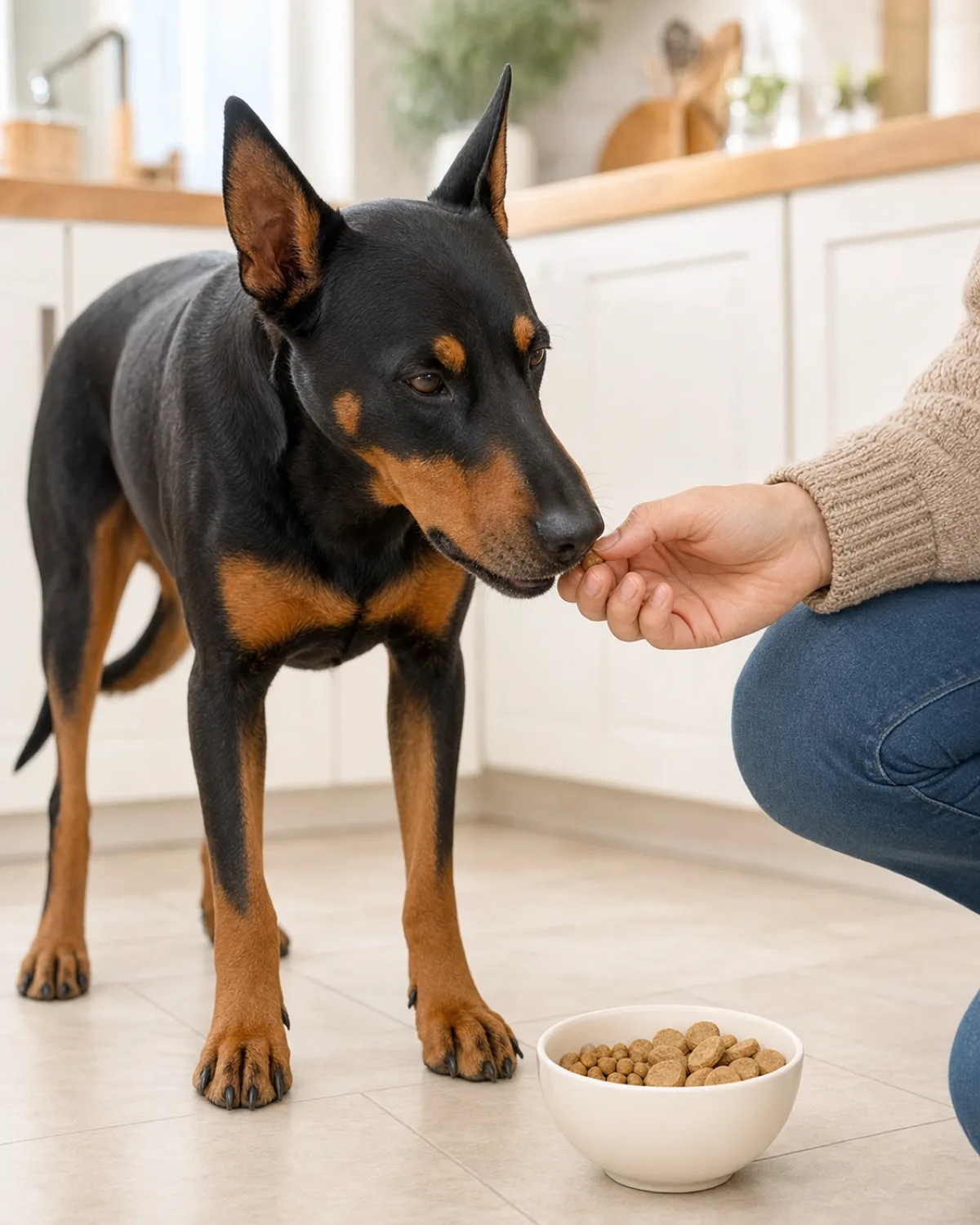 a large lean muscular black-and-tan short-coated dog with sharp rust points, upright ears and a long muzzle gently taking a pea-sized treat from the owner's fingers while sitting on a kitchen floor beside a bowl containing two visible sizes of treat balls