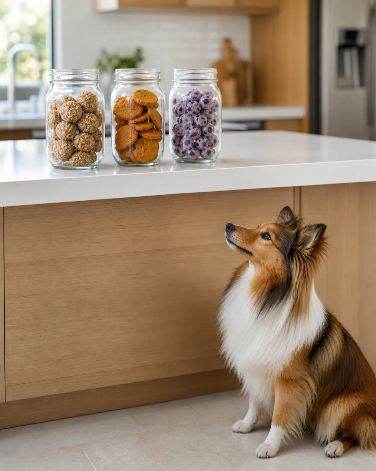 a small collie-like sable-and-white long-coated dog with a forming mane, semi-erect ears and a fine long muzzle sitting on a kitchen floor looking at three glass mason jars on the counter, each containing different-colored treats with small date labels