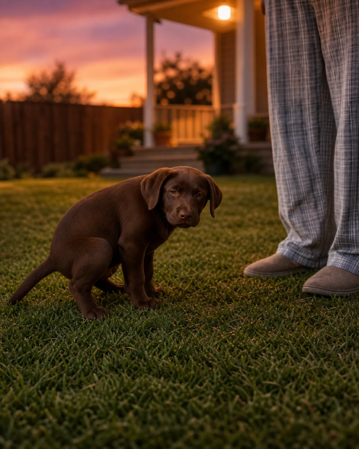 a solid chocolate-brown short-coated puppy squatting naturally on backyard grass at dusk with a warm orange-purple sky, an owner in pajama pants and slippers standing nearby, porch light illuminating the scene partially