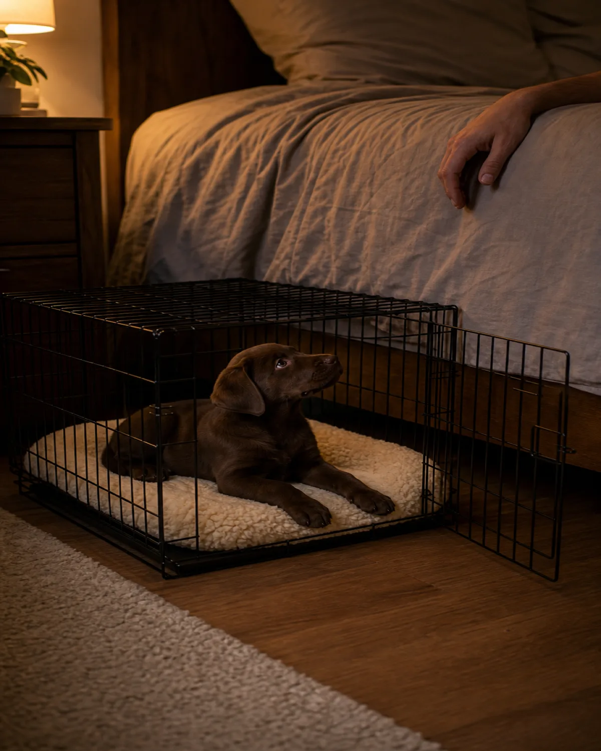 a bedroom wide shot with bed in the upper third of frame, a wire crate on the floor directly beside the bed containing a solid chocolate-brown short-coated puppy lying on a cream pad looking up toward the bed, owner hand hanging over the bed edge near the crate, warm nightlight glow