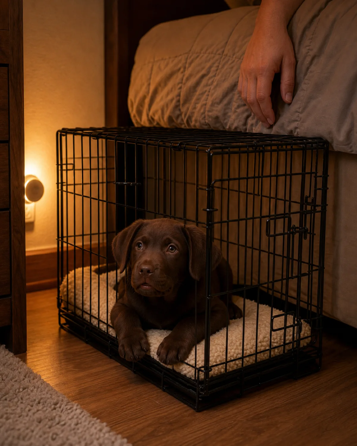 a solid chocolate-brown short-coated puppy inside a crate at night with warm amber nightlight, head slightly lifted off the pad, mouth slightly open as if about to whimper, owner hand hanging from bed edge near the crate top, quiet tension mood