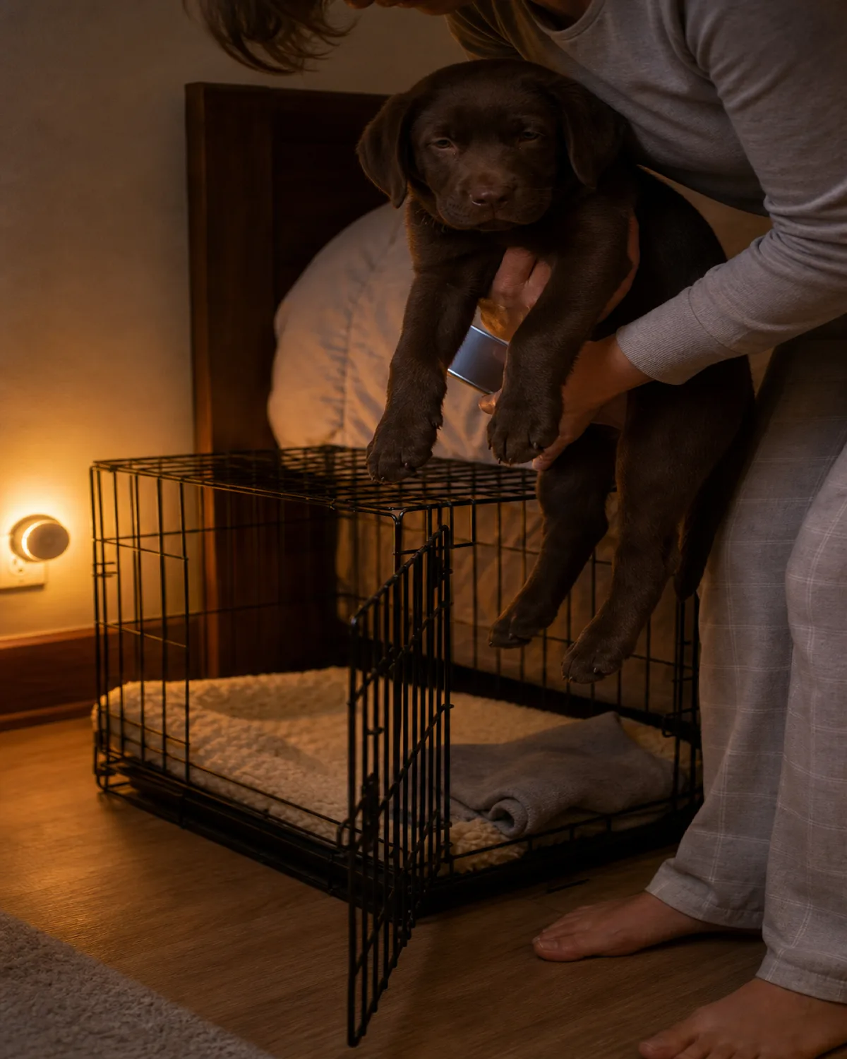 a dark bedroom lit only by a phone flashlight casting a small cool-white circle, an owner in pajamas bending down lifting a solid chocolate-brown short-coated puppy from a crate, the puppy limbs relaxed against the owner chest, quiet boring mood