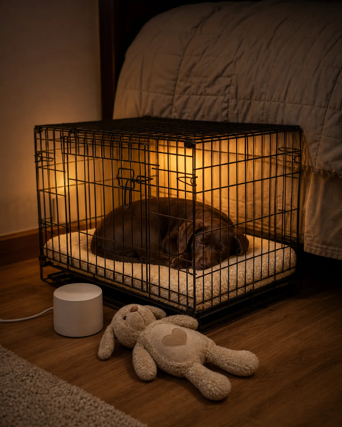 a solid chocolate-brown short-coated puppy curled up on a cream pad inside a wire crate with door closed but warmly lit by a nightlight, a small cylindrical white noise machine beside the crate and a soft plush heartbeat toy next to the puppy, eyes closed sleeping peacefully